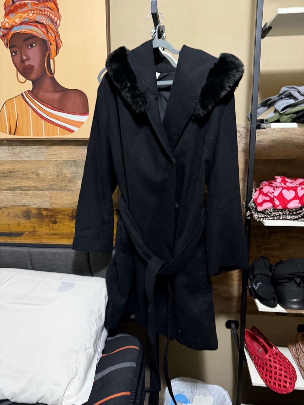 H&M Black Hooded Trench Coat with Faux Fur Trim